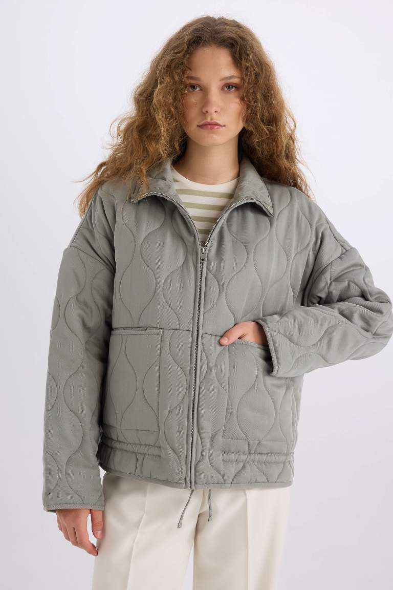 Polo Collar Zippered Quilted Waterproof Jacket