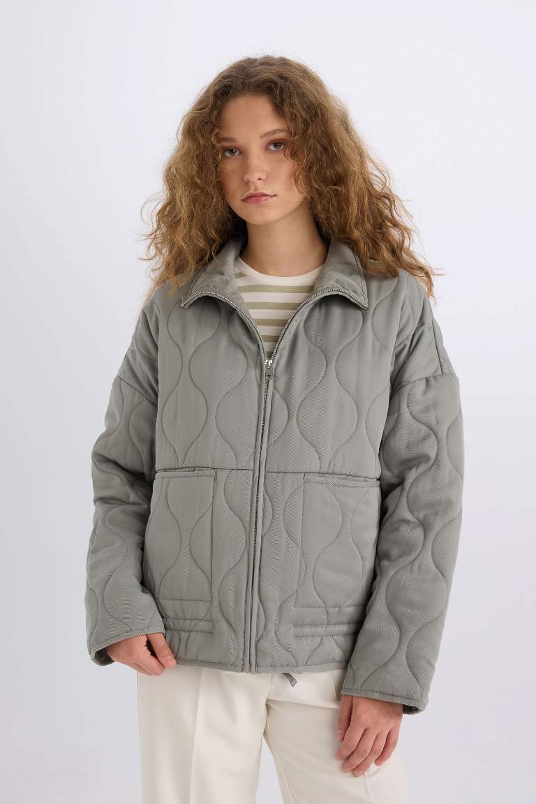 Polo Collar Zippered Quilted Waterproof Jacket