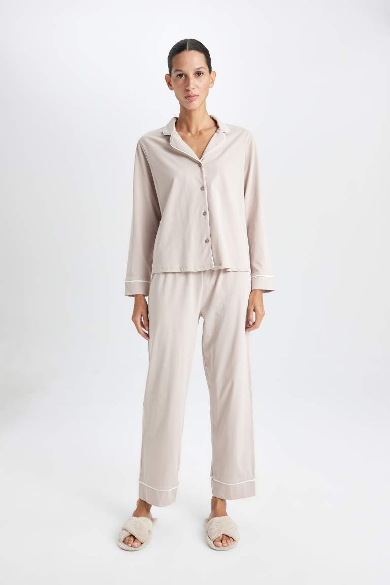 Pijama Takımı Basic Düz Uzun Kollu Üst Beli Lastikli Uzun Alt-Fall in Love