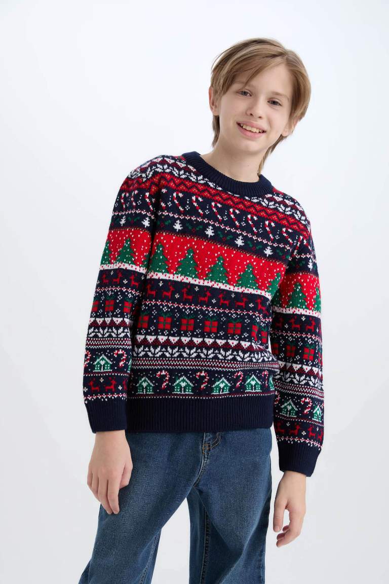 Boy Christmas Themed Crew Neck Knitwear Pullover