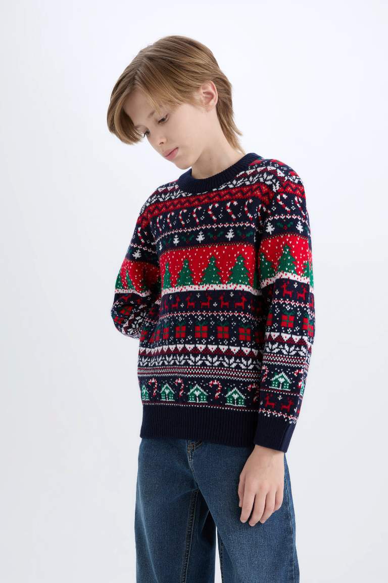 Boy Christmas Themed Crew Neck Knitwear Pullover