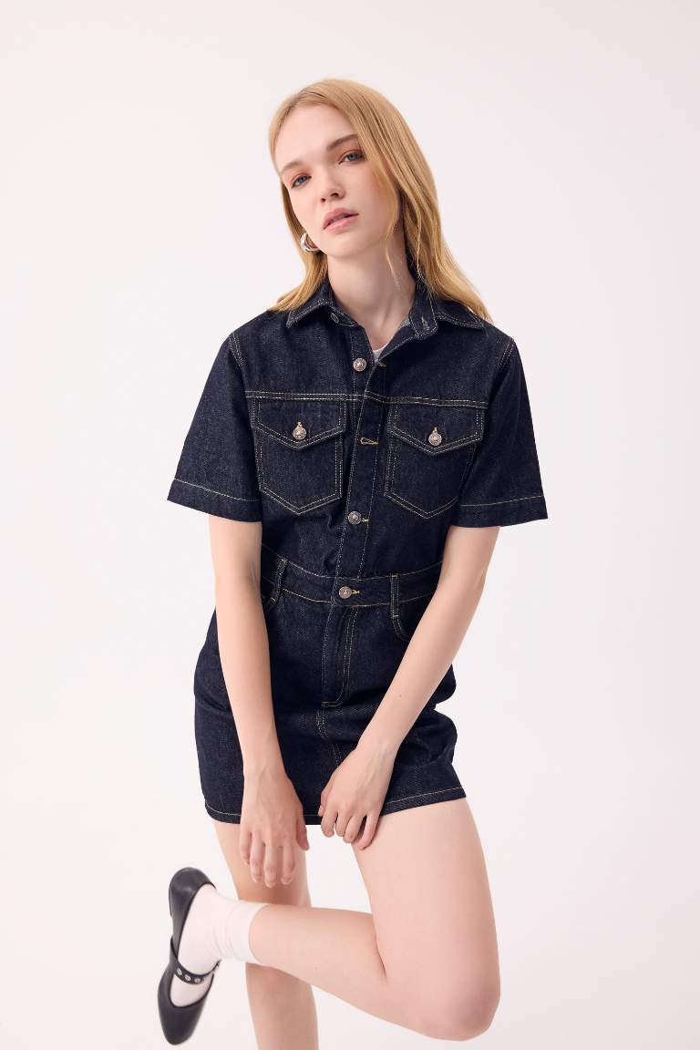 Fashion Fit Shirt Collar Pocket Short Sleeve Midi Jean Dress