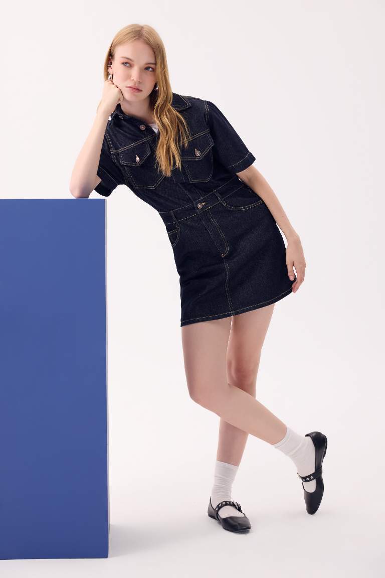 Fashion Fit Shirt Collar Pocket Short Sleeve Midi Jean Dress