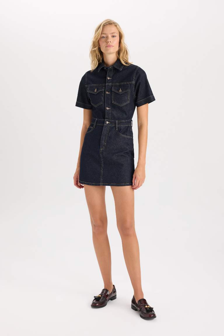 Fashion Fit Shirt Collar Pocket Short Sleeve Midi Jean Dress