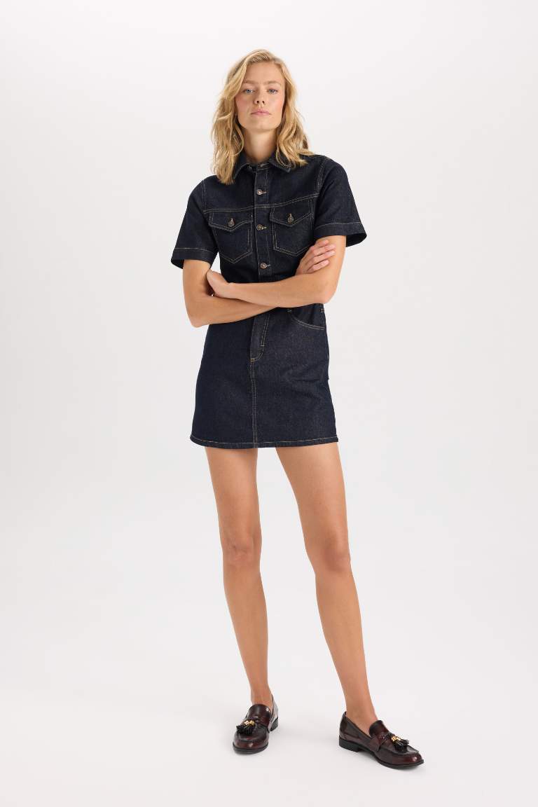 Fashion Fit Shirt Collar Pocket Short Sleeve Midi Jean Dress