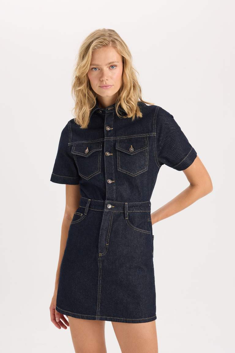 Fashion Fit Shirt Collar Pocket Short Sleeve Midi Jean Dress