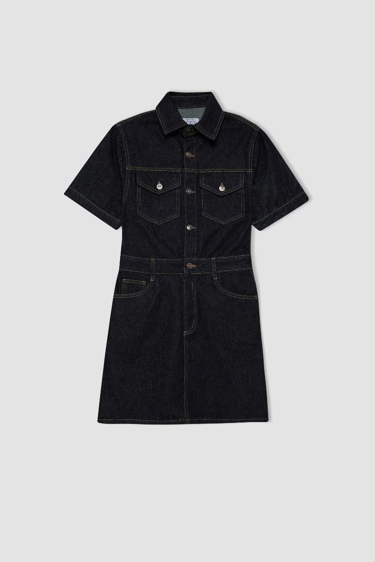 Fashion Fit Shirt Collar Pocket Short Sleeve Midi Jean Dress