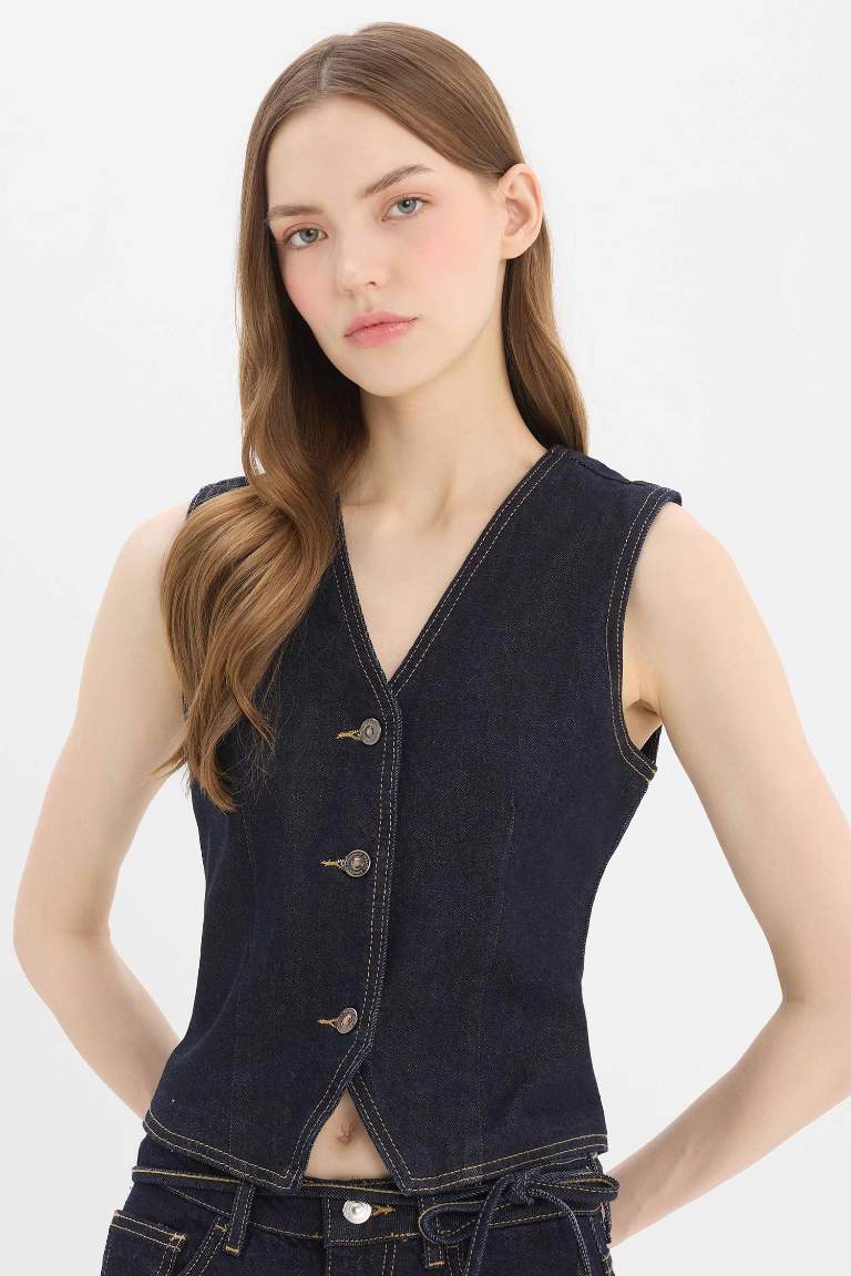 Button Closure Blazer Denim vest