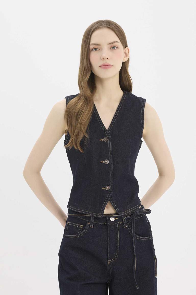 Button Closure Blazer Denim vest