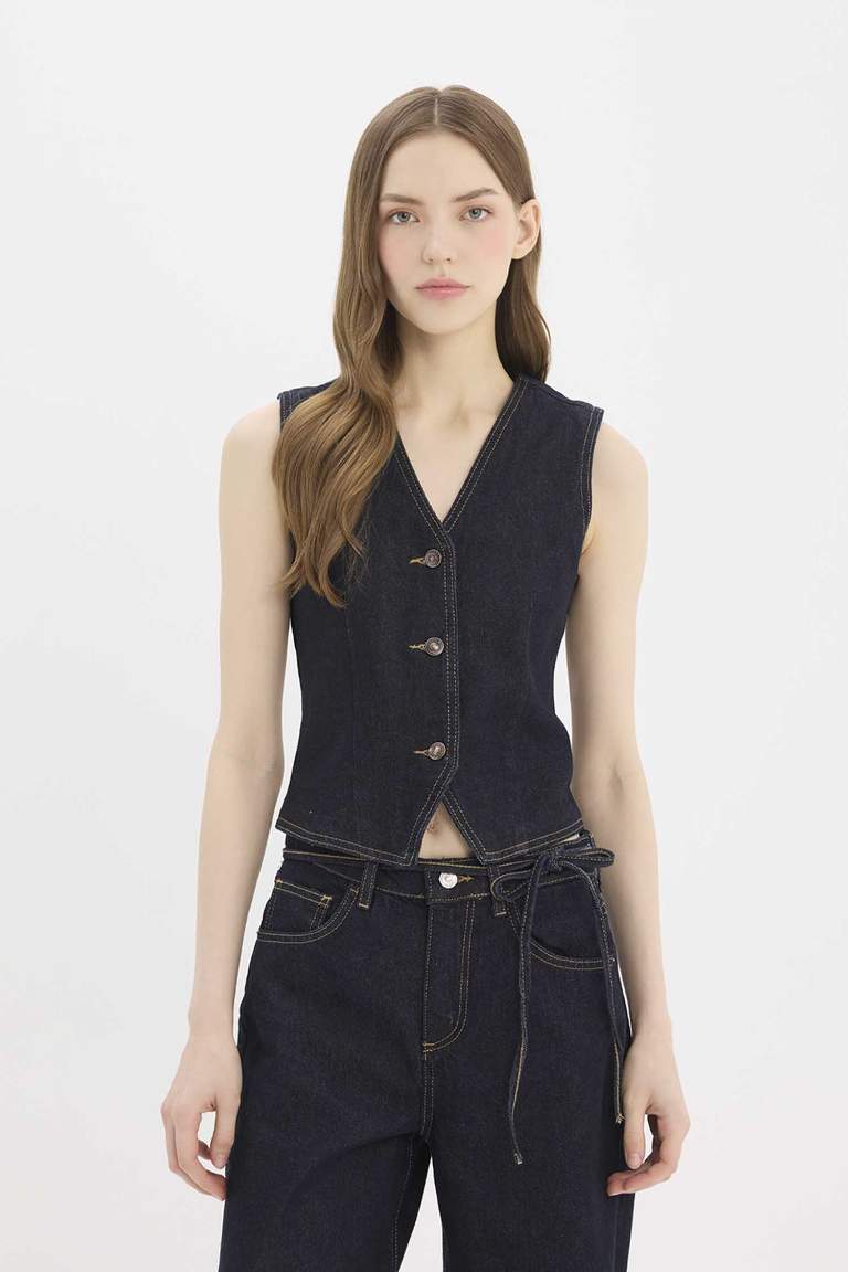 Button Closure Blazer Denim vest