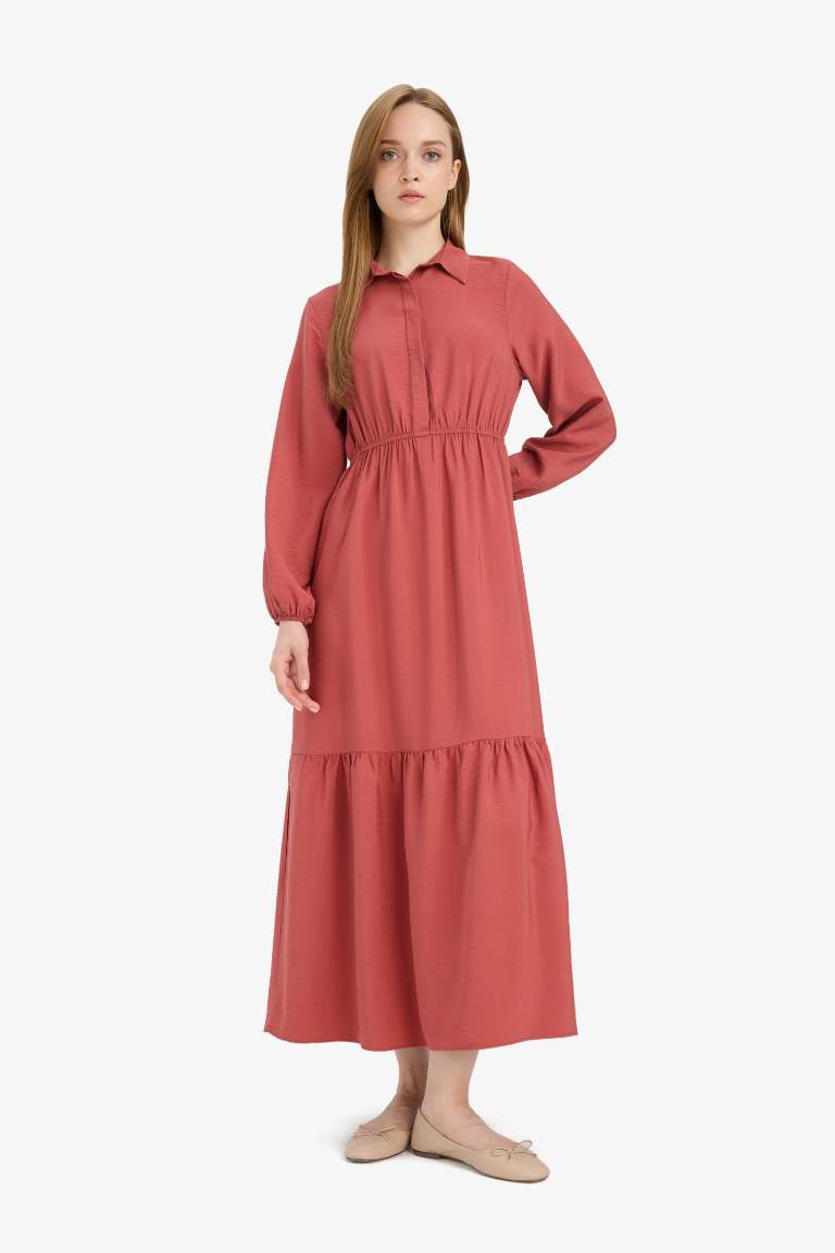 Gömlek Yaka Beli Büzgilü Uzun Kollu Maxi Elbise