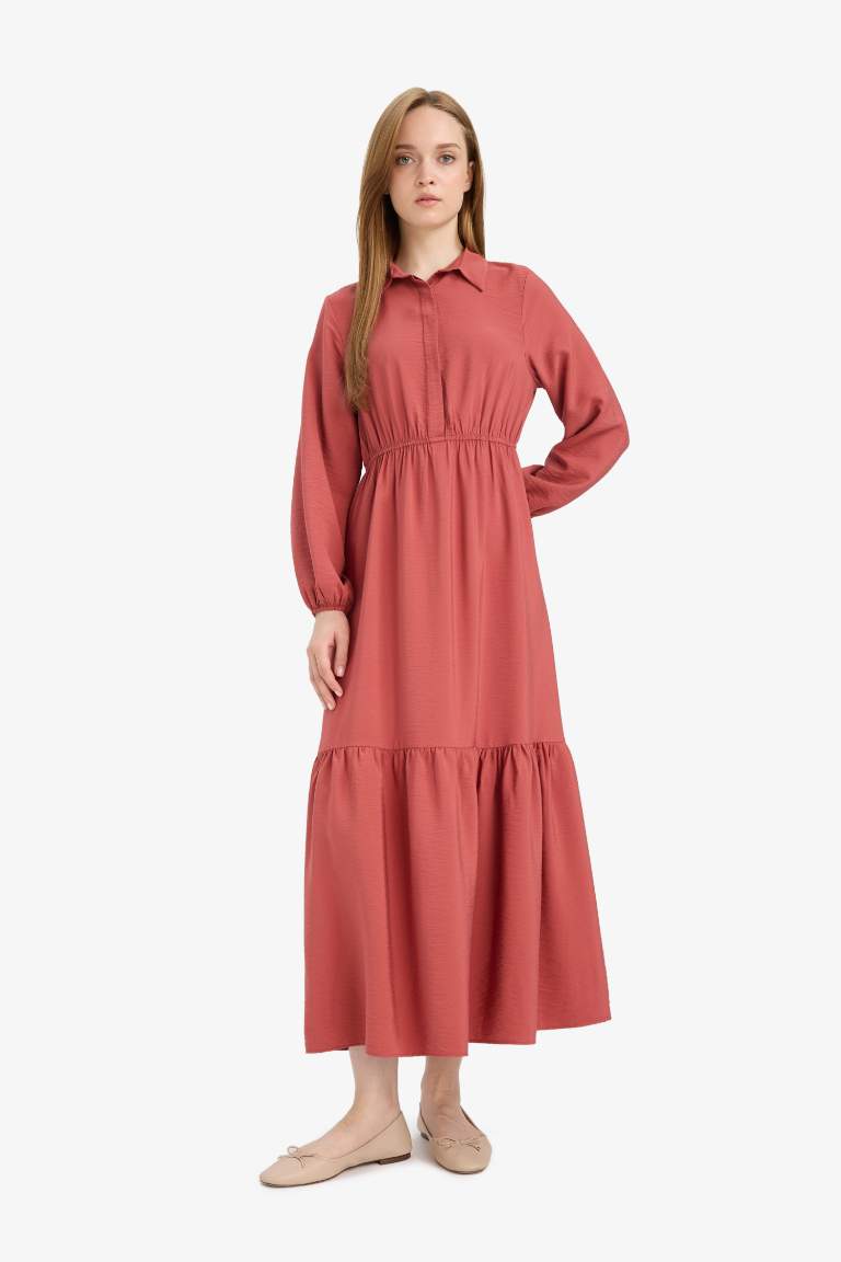 Gömlek Yaka Beli Büzgilü Uzun Kollu Maxi Elbise