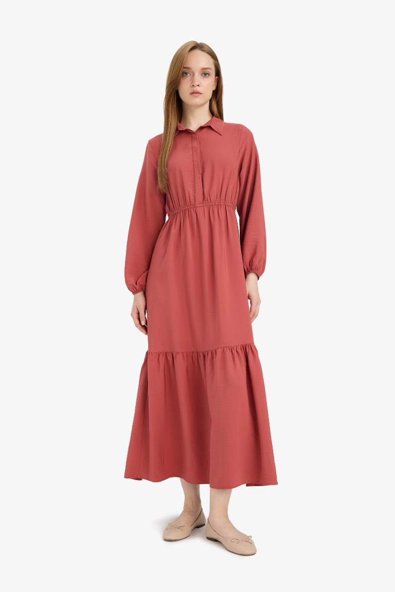 Gömlek Yaka Beli Büzgilü Uzun Kollu Maxi Elbise