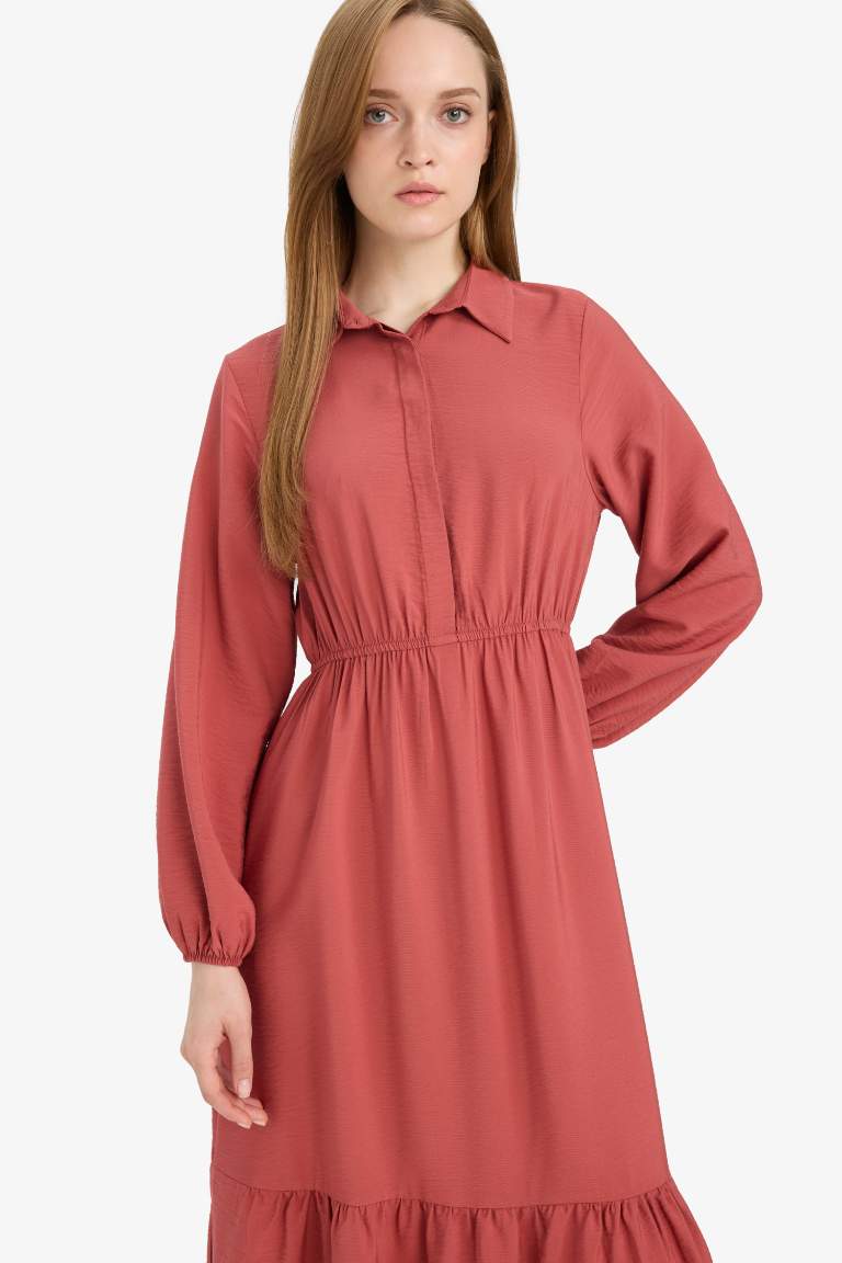 Gömlek Yaka Beli Büzgilü Uzun Kollu Maxi Elbise