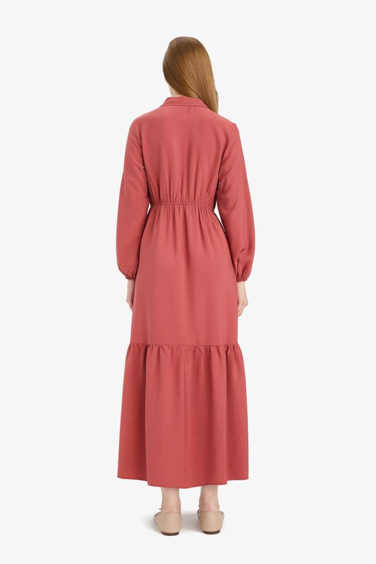 Gömlek Yaka Beli Büzgilü Uzun Kollu Maxi Elbise