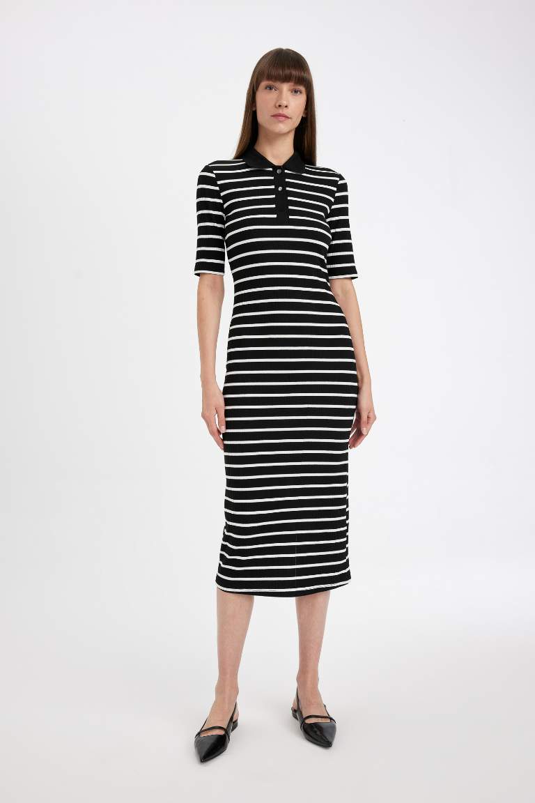 Bodycon Polo Collar Striped Camisole Midi Dress