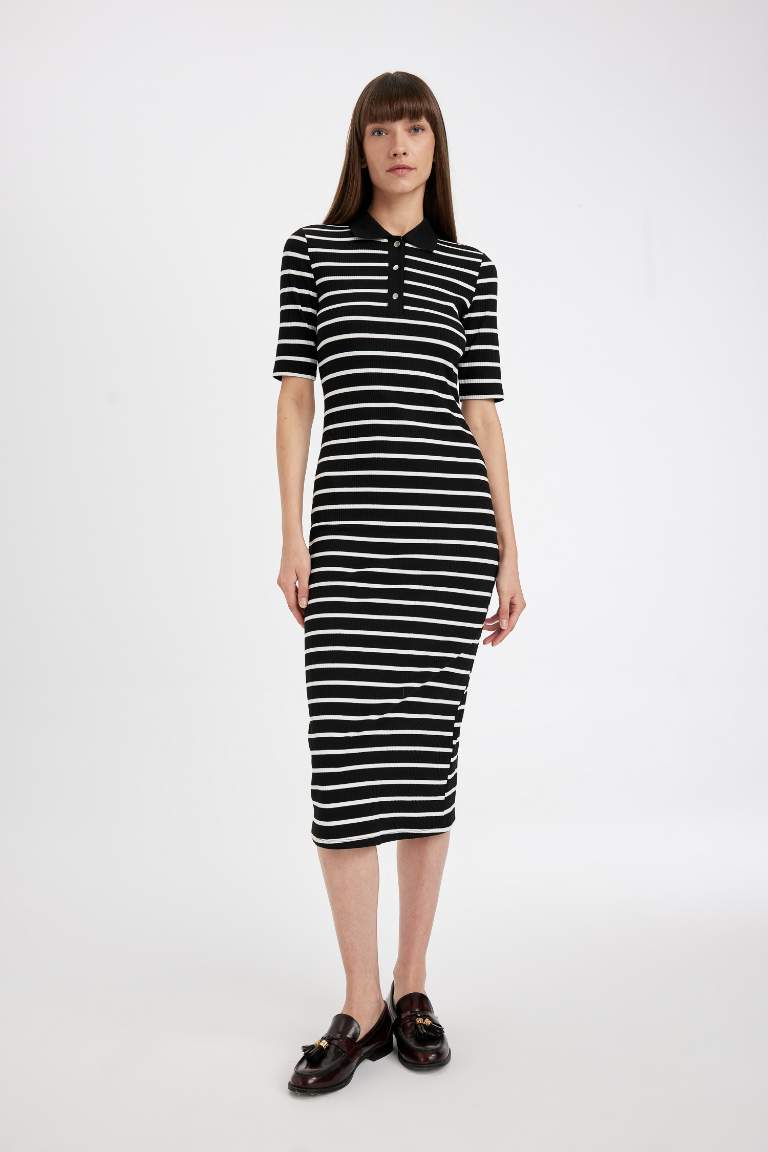 Bodycon Polo Collar Striped Camisole Midi Dress