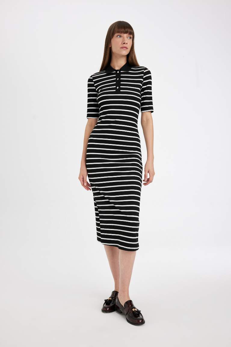 Bodycon Polo Collar Striped Camisole Midi Dress