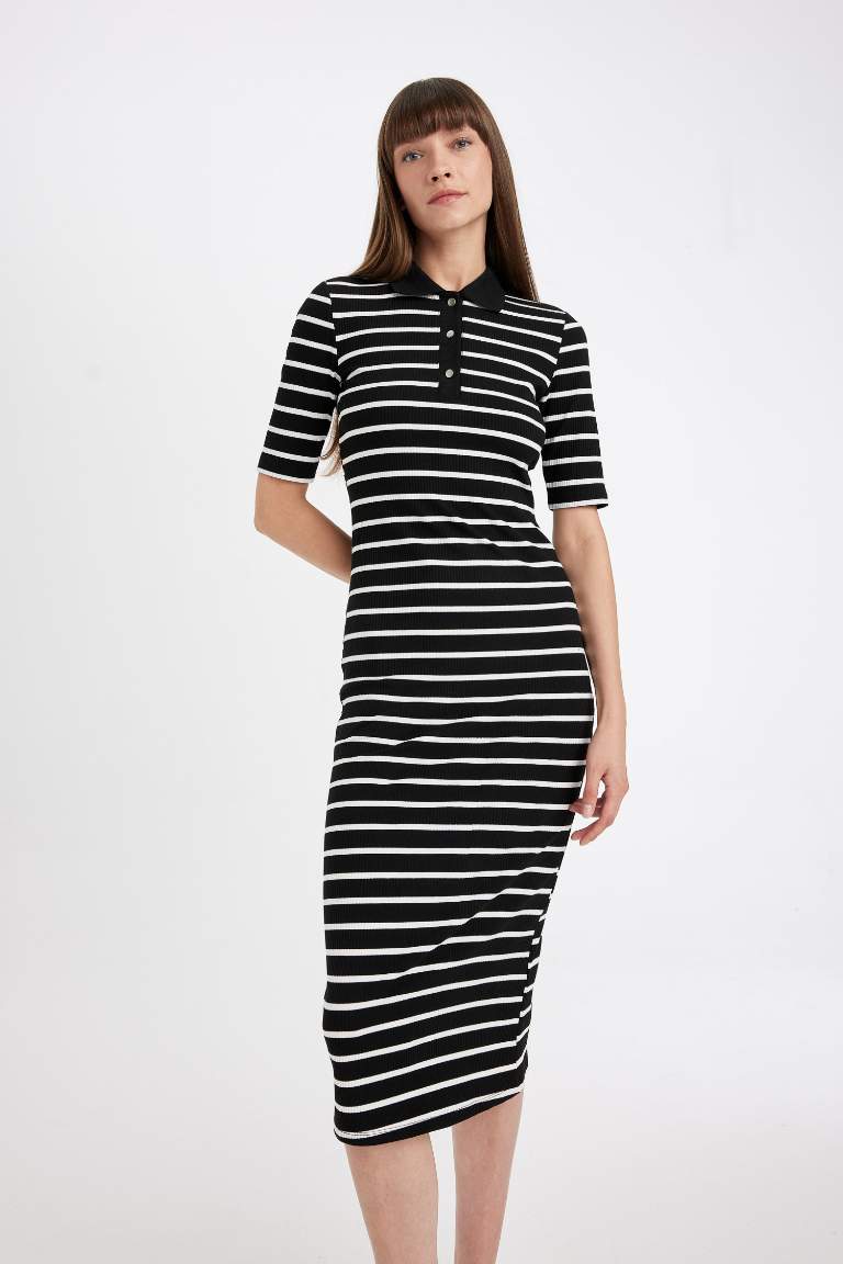 Bodycon Polo Collar Striped Camisole Midi Dress