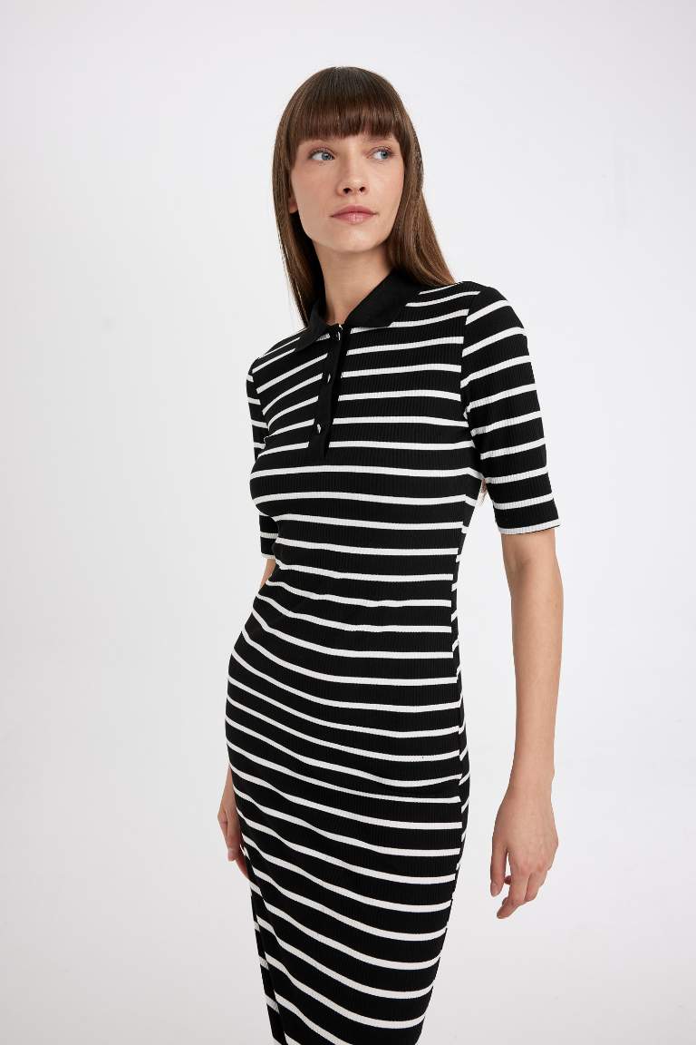 Bodycon Polo Collar Striped Camisole Midi Dress