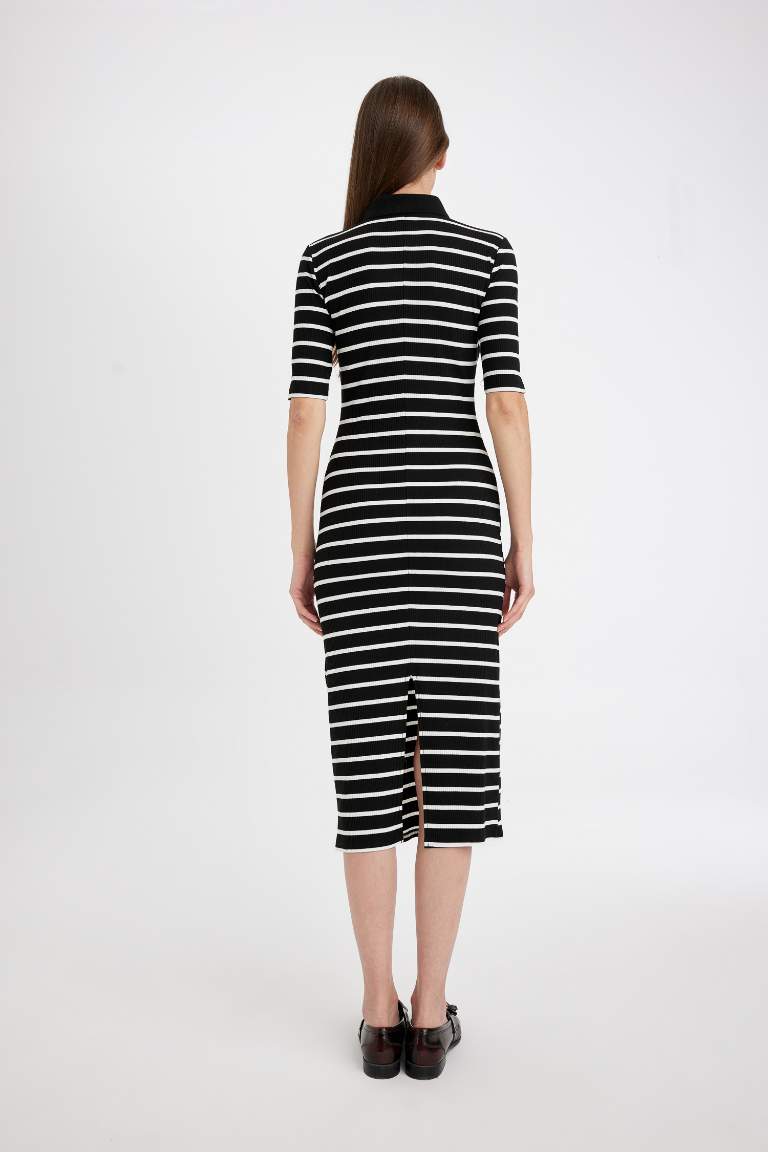 Bodycon Polo Collar Striped Camisole Midi Dress