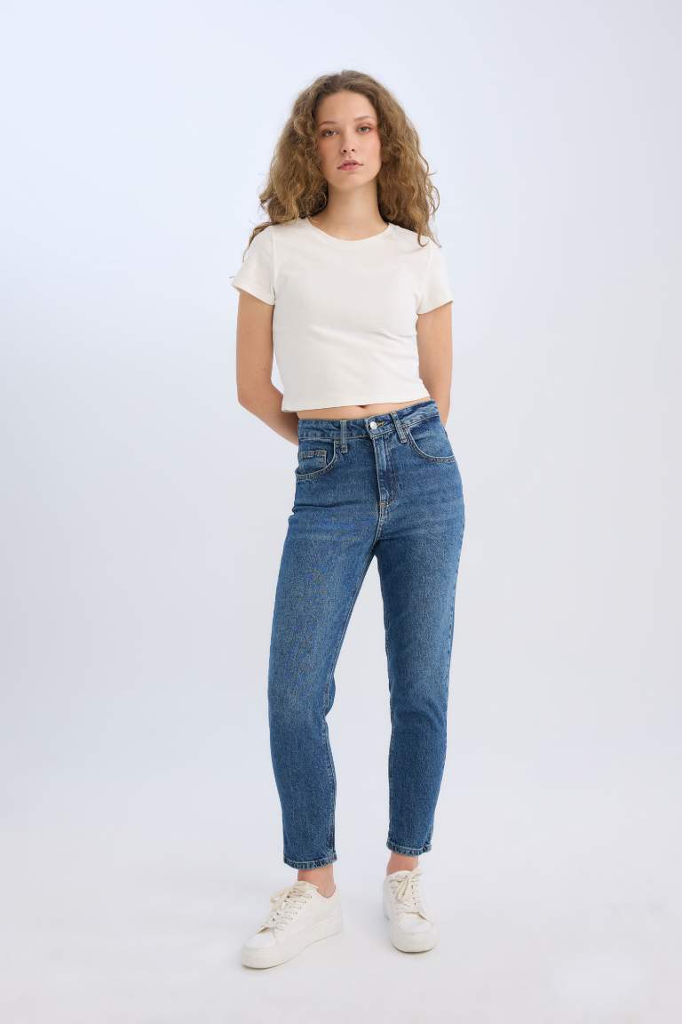 Pantalon Mom Jean taille haute délavé à taille élastique et longueur cheville