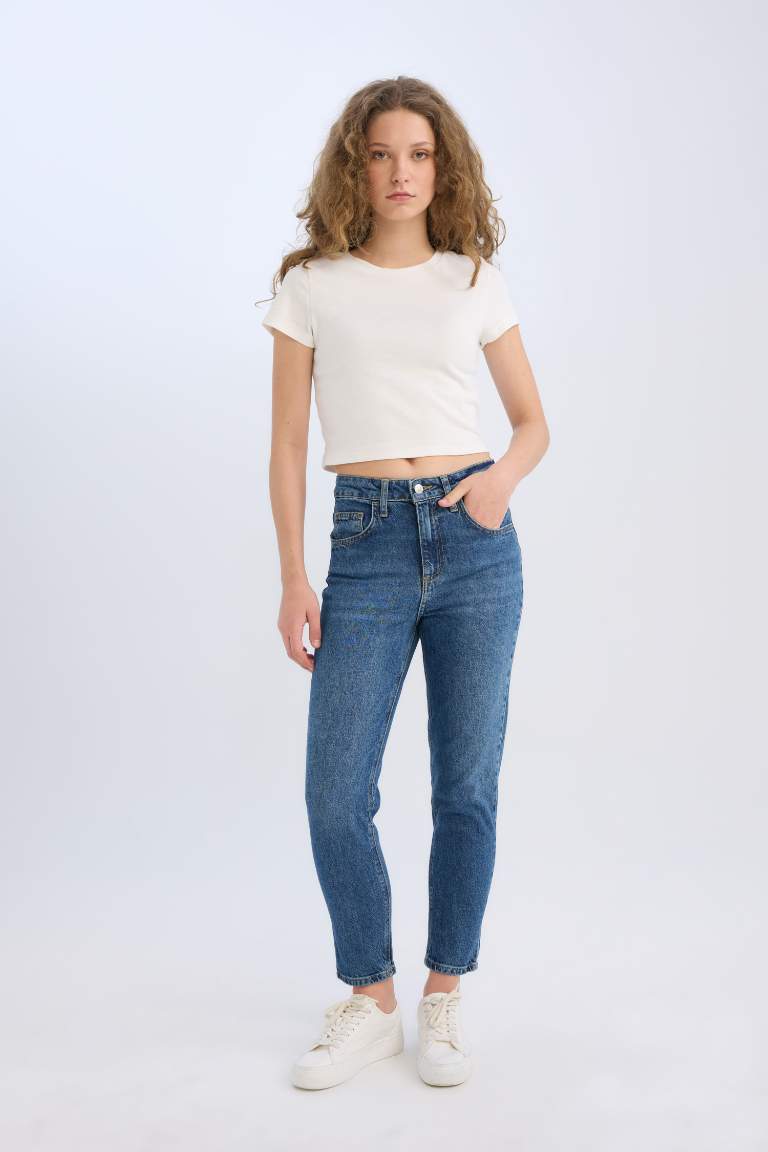 Pantalon Mom Jean taille haute délavé à taille élastique et longueur cheville