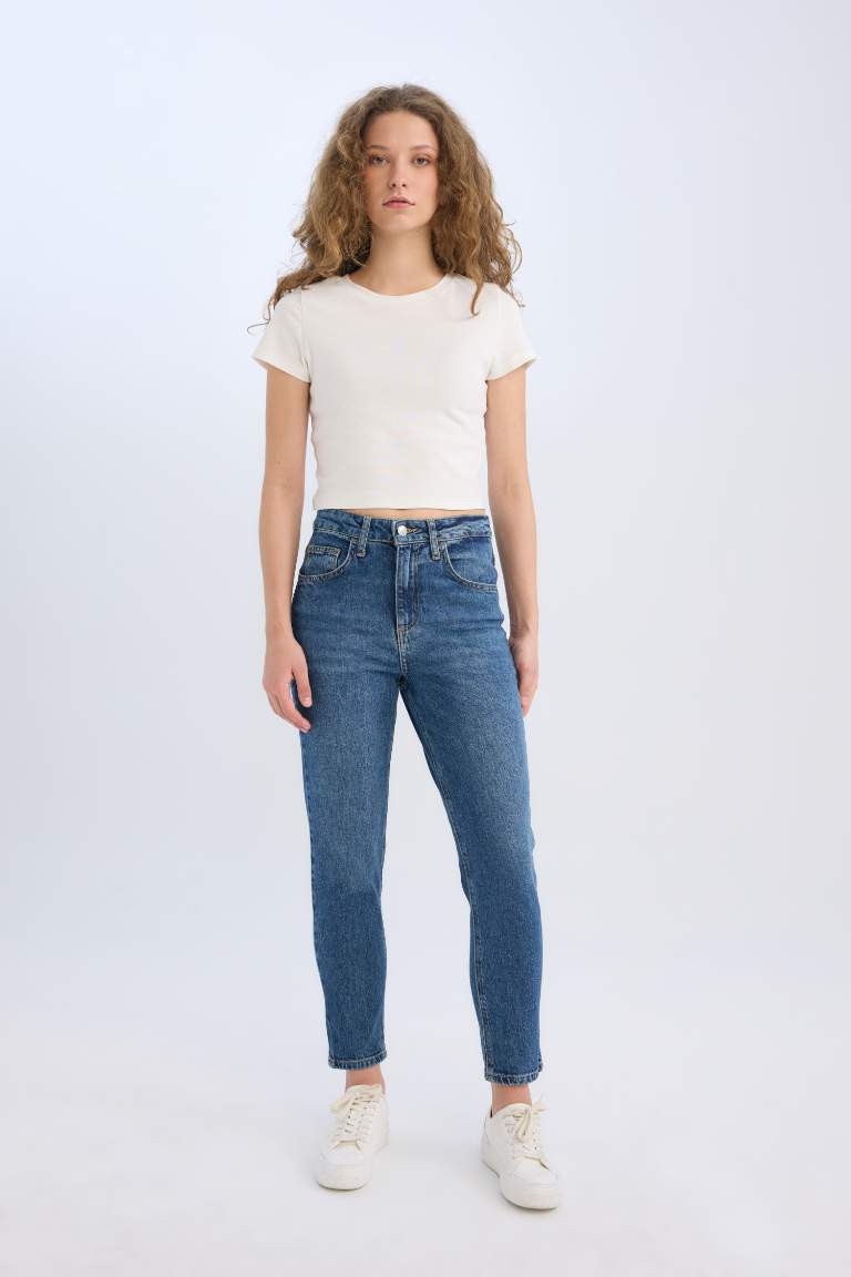 Pantalon Mom Jean taille haute délavé à taille élastique et longueur cheville