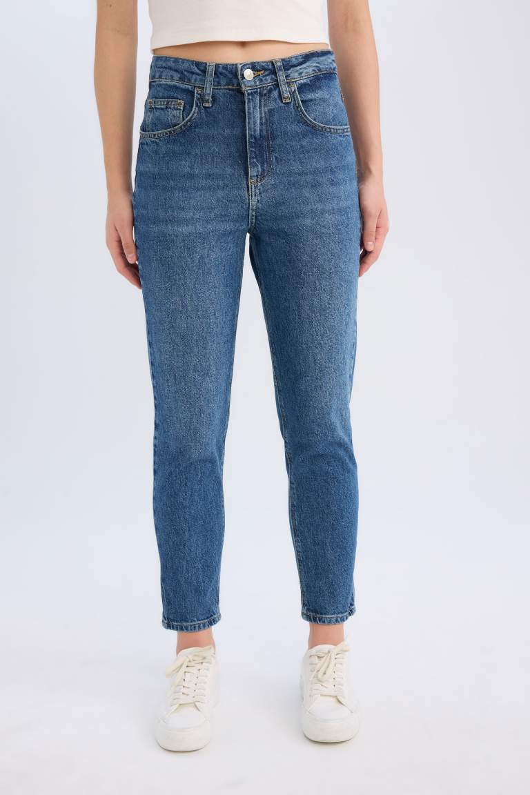 Pantalon Mom Jean taille haute délavé à taille élastique et longueur cheville