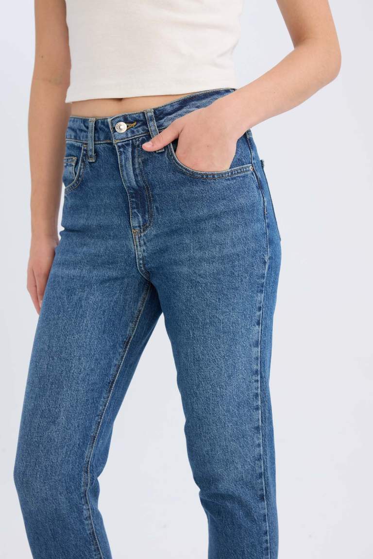 Pantalon Mom Jean taille haute délavé à taille élastique et longueur cheville