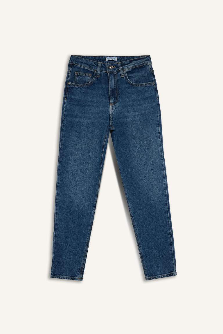 Pantalon Mom Jean taille haute délavé à taille élastique et longueur cheville