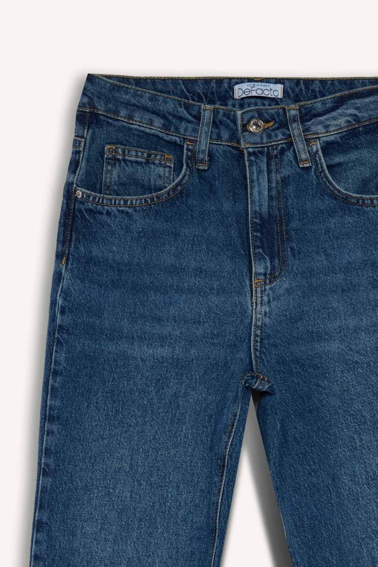 Pantalon Mom Jean taille haute délavé à taille élastique et longueur cheville