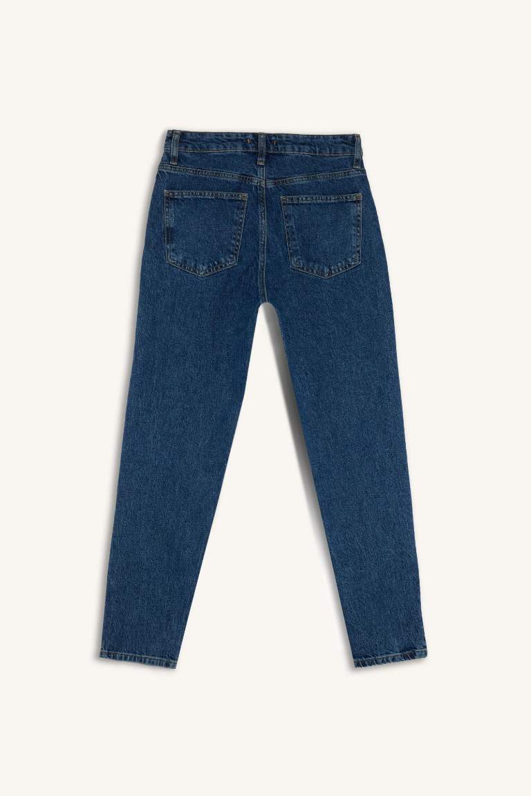 Pantalon Mom Jean taille haute délavé à taille élastique et longueur cheville