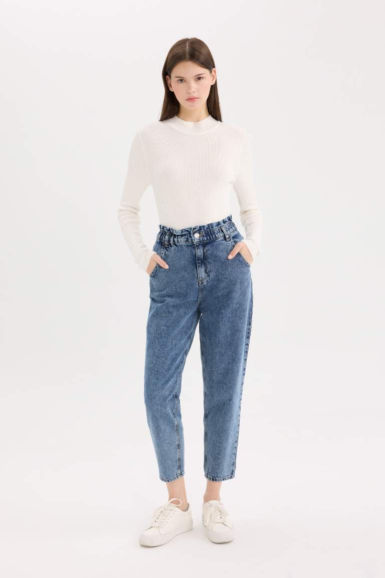 Paperbag Relaxed Fit High Waist Straight Leg Washed Jeans