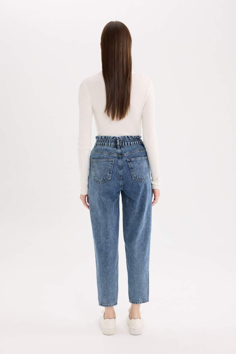 Paperbag Relaxed Fit High Waist Straight Leg Washed Jeans