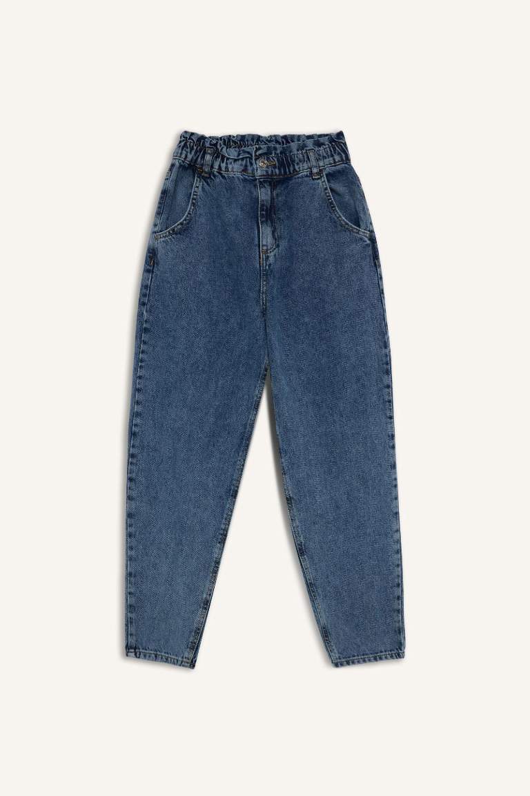 Paperbag Relaxed Fit High Waist Straight Leg Washed Jeans