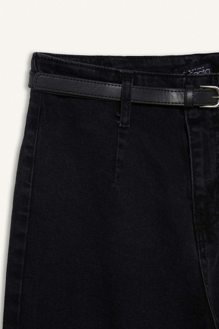 Culotte Yüksek Bel Rahat Kalıp Bilek Boy İspanyol Paça Kemerli Jean Yıkamalı Pantolon