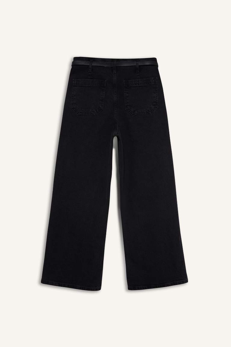 Culotte Yüksek Bel Rahat Kalıp Bilek Boy İspanyol Paça Kemerli Jean Yıkamalı Pantolon