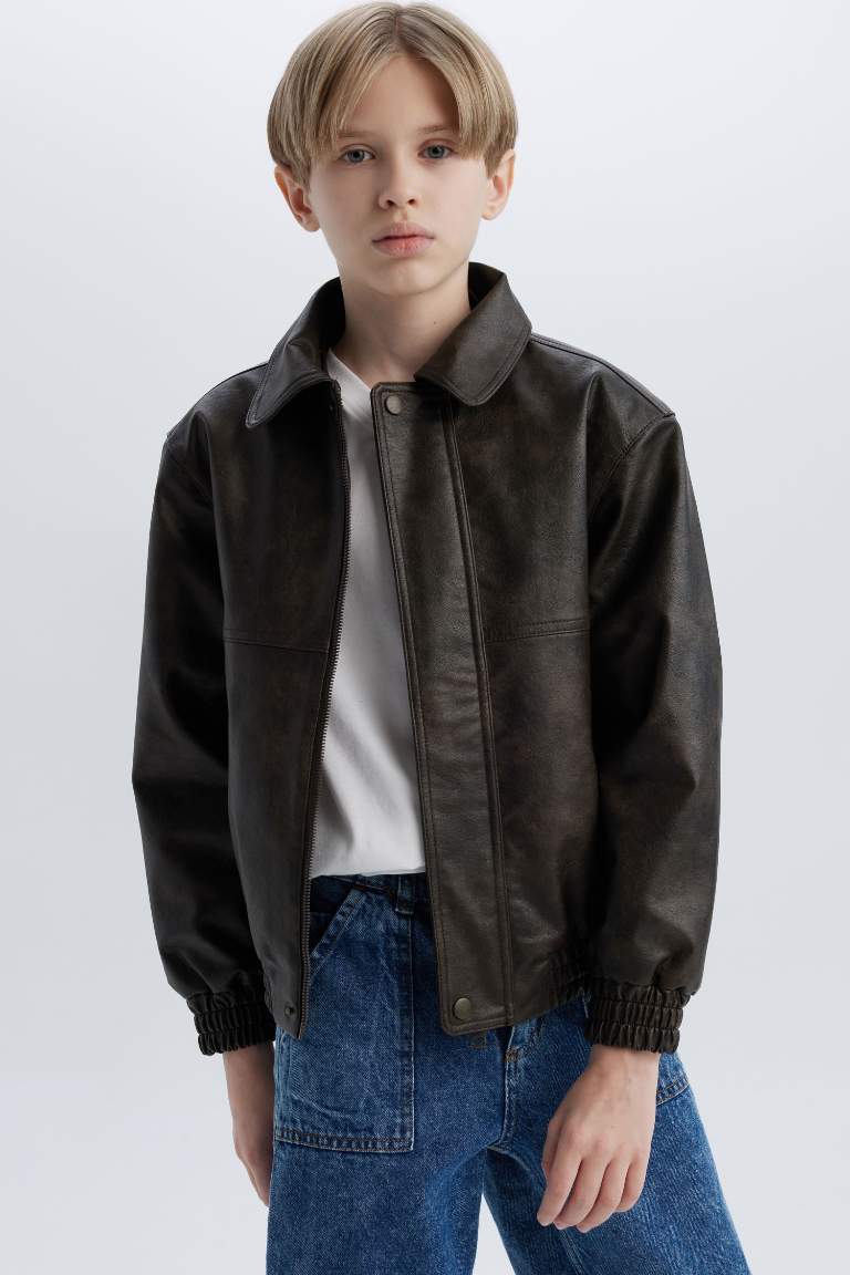 Boy Polo Collar Water Repellent Faux Leather Jacket