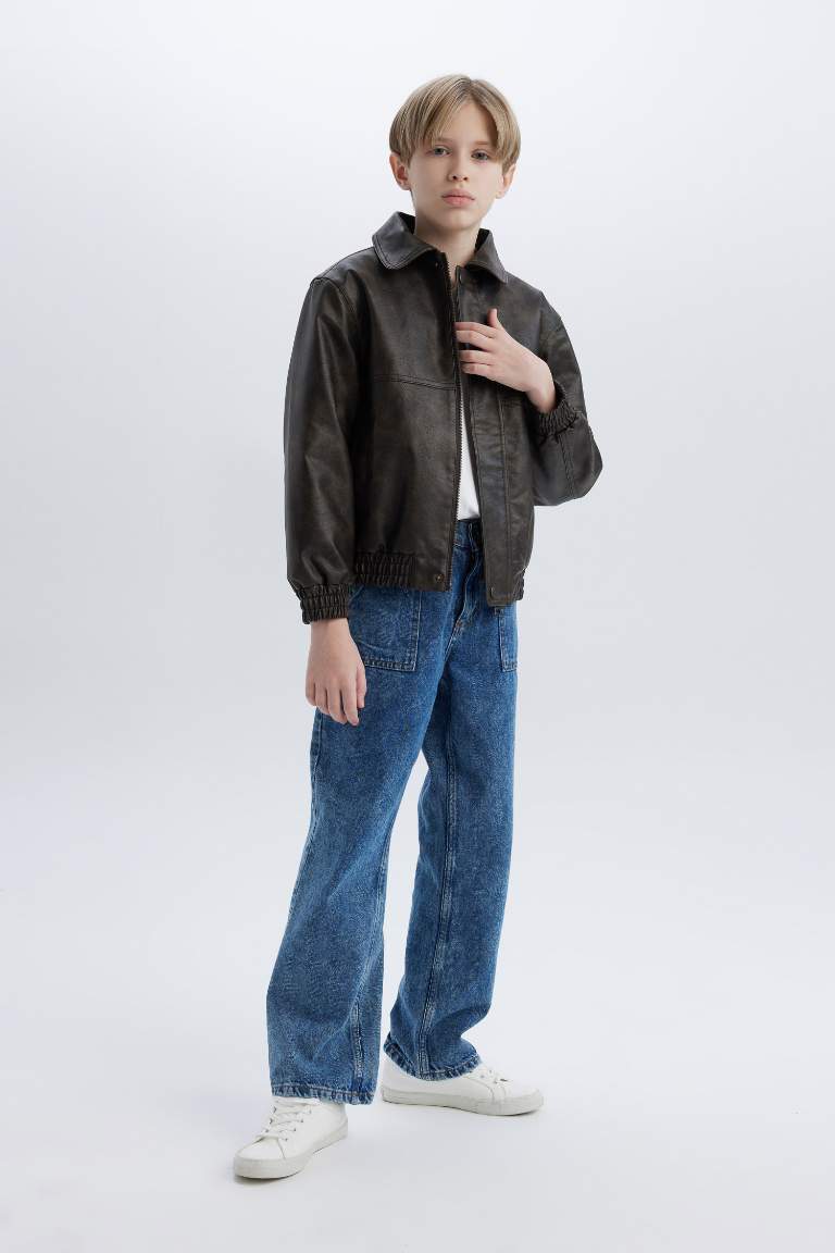 Boy Polo Collar Water Repellent Faux Leather Jacket