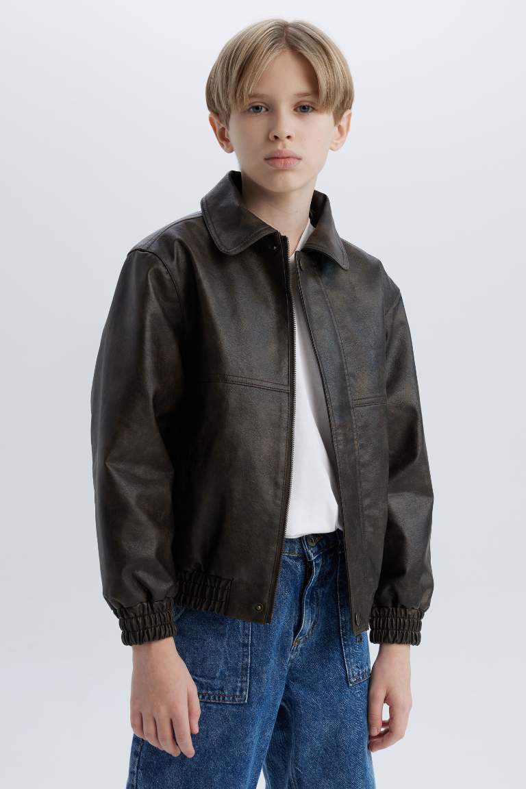 Boy Polo Collar Water Repellent Faux Leather Jacket