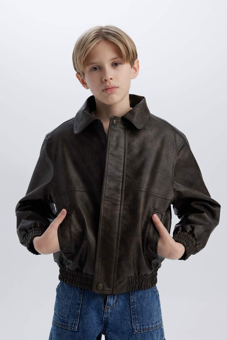 Boy Polo Collar Water Repellent Faux Leather Jacket