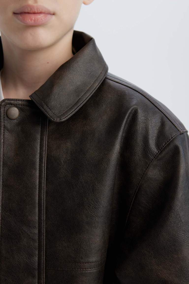 Boy Polo Collar Water Repellent Faux Leather Jacket