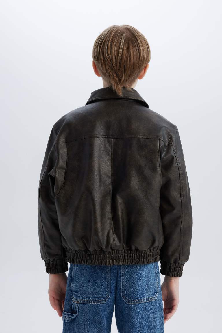 Boy Polo Collar Water Repellent Faux Leather Jacket