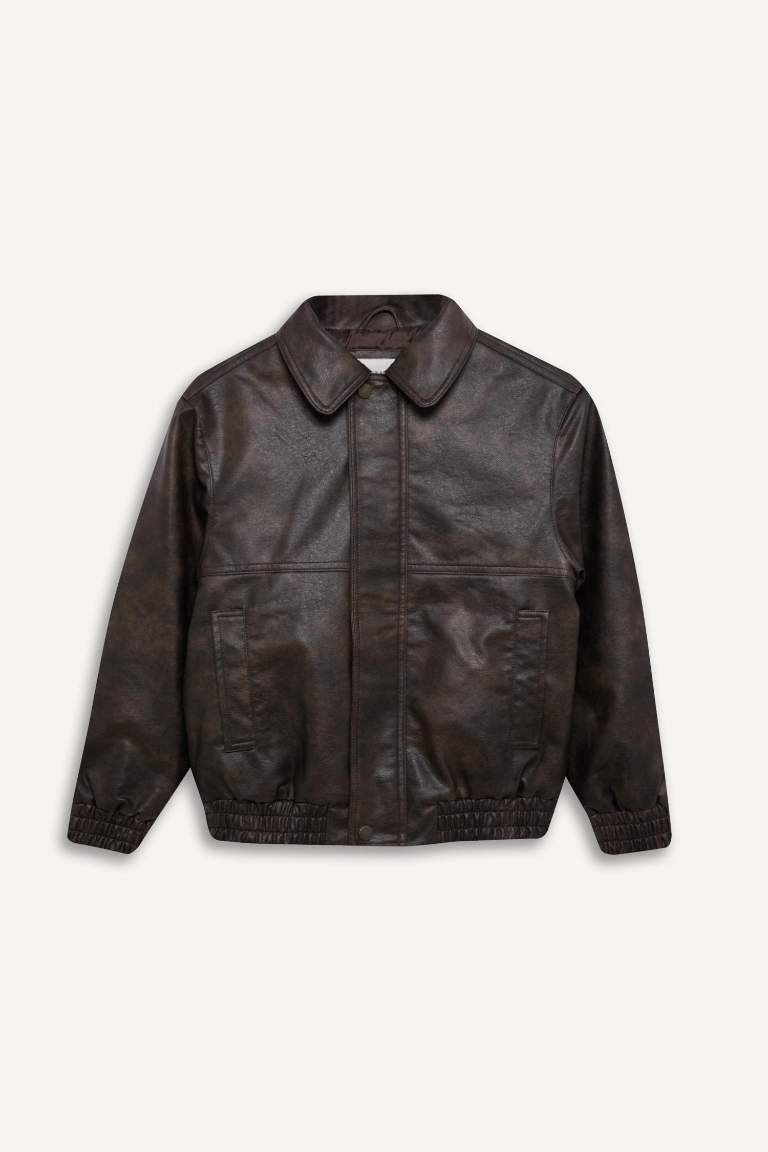 Boy Polo Collar Water Repellent Faux Leather Jacket