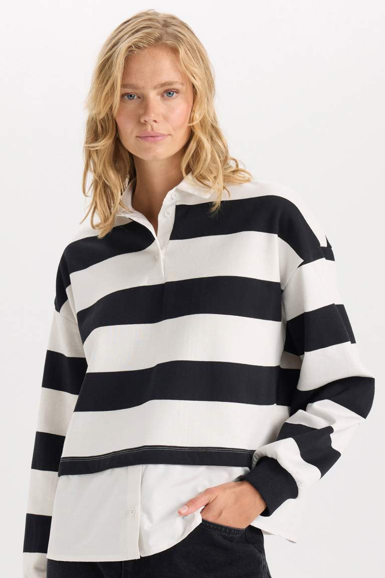 Relax Fit Polo Collar Striped Thick Sweatshirt