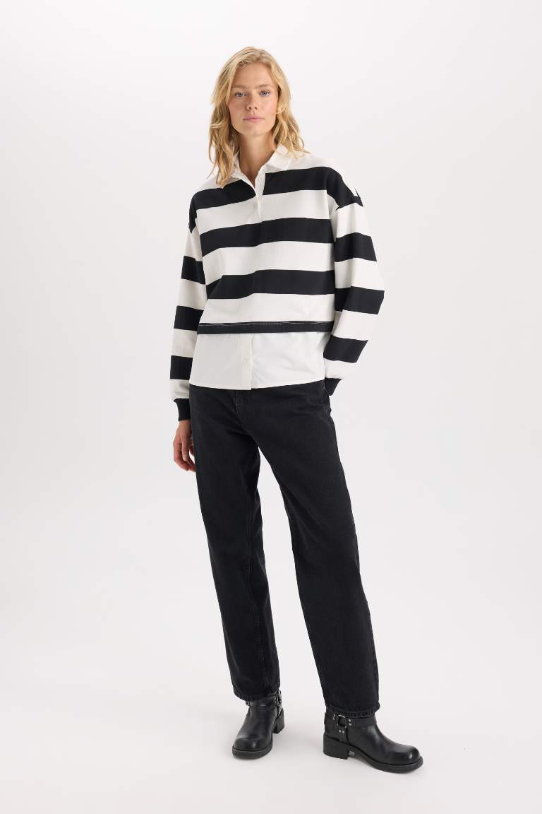 Relax Fit Polo Collar Striped Thick Sweatshirt