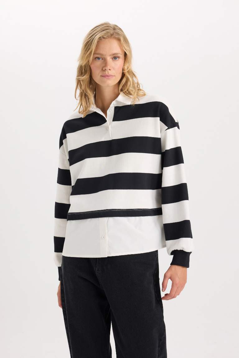 Relax Fit Polo Collar Striped Thick Sweatshirt