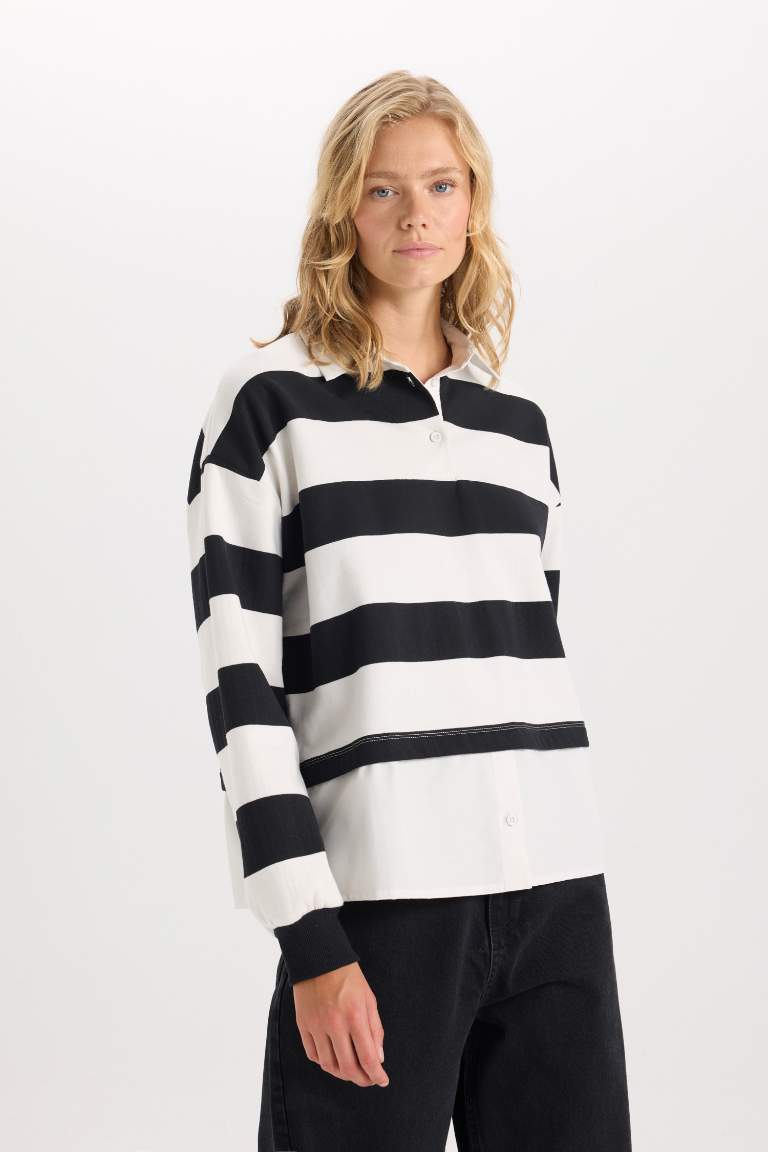 Relax Fit Polo Collar Striped Thick Sweatshirt