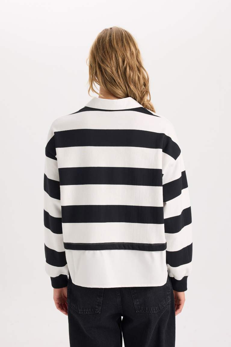 Relax Fit Polo Collar Striped Thick Sweatshirt